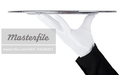 Servant wearing white glove holds stainless steel tray on white background