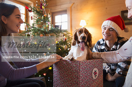 Happy family with dog in Christmas gift box