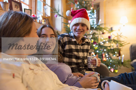 Family relaxing in Christmas living room
