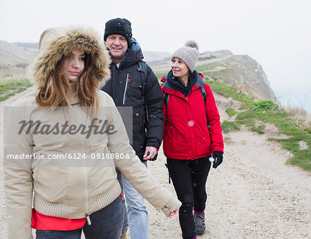 Family in warm clothing walking on path