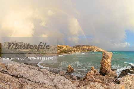 Cyprus, Paphos, rainbow at Petra tou Romiou also known as Aphrodite's Rock