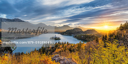 Elevated view of lake Bled at sunrise. Bled, Upper Carniola, Slovenia