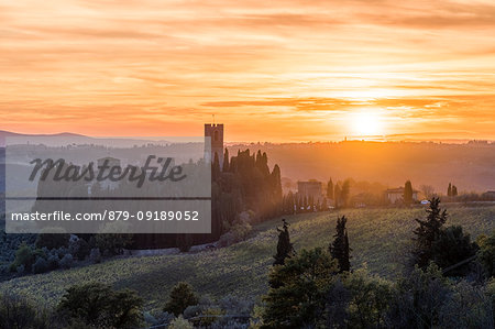 Badia a Passignano at sunset. Tavernelle Val di Pesa, Florence province, Tuscany, Italy