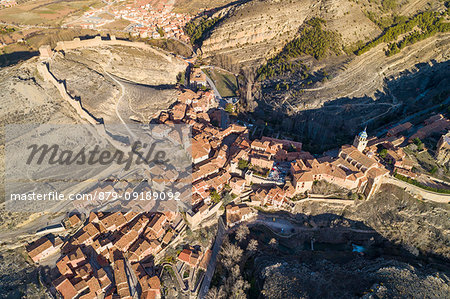 Aerial view of the medieval town of Albarracin. Albarracin, Teruel, Aragon, Spain, Europe