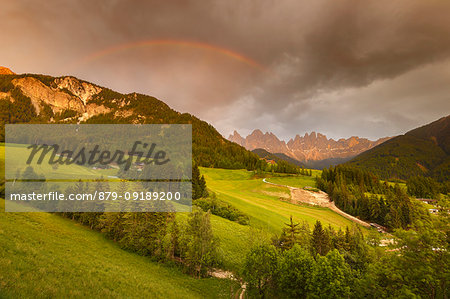 Rainbow after the storm, Santa Magdalena, Funes valley, South Tyrol, Trentino Alto Adige, Bolzano province, Italy, Europe