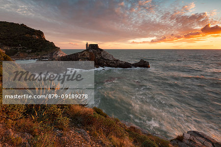 San Pietro Church at sunset, municipality of Portovenere, La Spezia province, Liguria, Italy, Europe