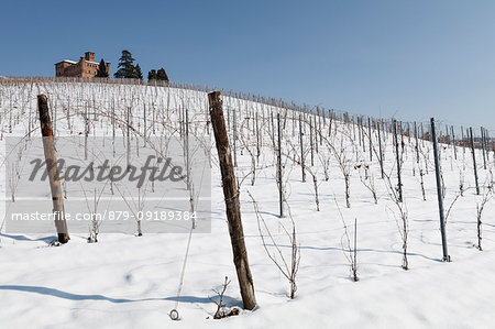 Langhe, Cuneo district, Piedmont, Italy. Langhe wine region winter snow, Grinzane Cavour castle