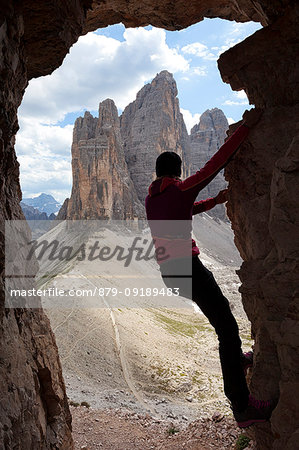 Bouldering at Passaporto Fork, Dolomites, Auronzo di Cadore, Belluno, Veneto, Italy