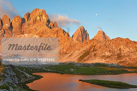 Dawn at Piani Lakes with Paterno Mount, Dolomites, Dobbiaco, South Tyrol, Bolzano, Italy