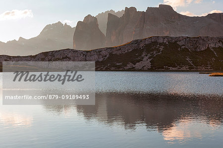 Crode Fiscaline reflected on Piani Lakes, Dolomites, Dobbiaco, South Tyrol, Bolzano, Italy