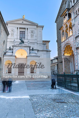 Duomo Square during dusk. Bergamo (Upper Town), Lombardy, Italy.