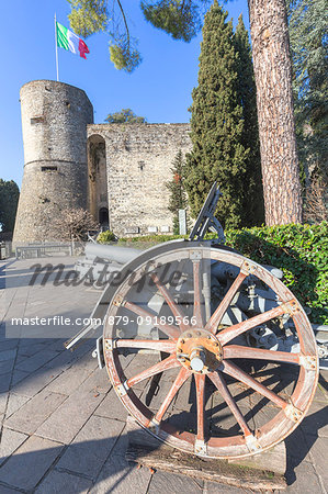 Artillery exposed in the park of Rimembranze (Parco delle Rimembranze), located outside the fortress of Bergamo (Rocca di Bergamo). Bergamo, Lombardy, Italy.