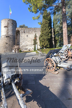 Artillery exposed in the park of Rimembranze(Parco delle Rimembranze), located outside the fortress of Bergamo(Rocca di Bergamo). Bergamo, Lombardy, Italy. Artillery exposed in the park of Rimembranze(Parco delle Rimembranze), located outside the fortress of Bergamo(Rocca di Bergamo). Bergamo, Lombardy, Italy.