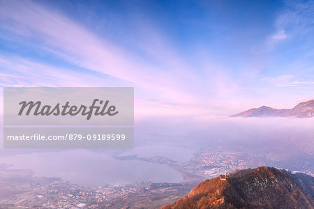 Sunrise over Annone Lake from above. Monte Barro Regional Park, Brianza, Lombardy, Italy, Europe.