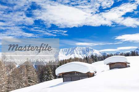 Typical alpine huts after a heavy snowfall. Wiesner Alp, Davos Wiesen, Landwasser Valley, Albula Valley, District of Prattigau/Davos, Canton of Graubünden, Switzerland, Europe.