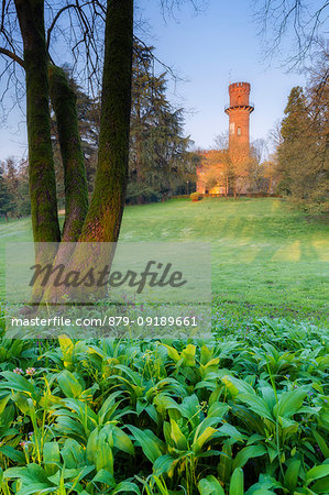 Sunrise at the viscount tower in the Park of Villla Reale, Monza, Province of Monza Brianza, Lombardy, Italy, Europe.