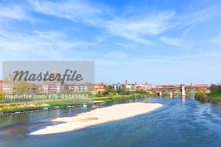 Ticino River and the city of Pavia, Pavia province, Lombardy, Italy, Europe.