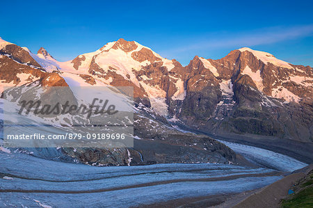 Piz Bernina with Vedret Pers Glacier in the foreground. Diavolezza Refuge, Bernina Pass, Engadin, Graubünden, Switzerland, Europe.