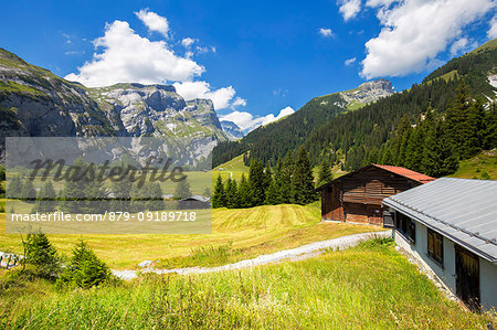 Traditional huts in Val Bargis valley, Flims, District of Imboden, Canton of Grisons, Switzerland, Europe