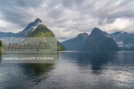 Milford Sound on a cloudy summer day. Fiordland NP, Southland district, Southland region, South Island, New Zealand.