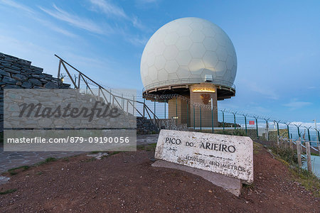 Observatory and signpost on the summit of Pico do Arieiro, Funchal, Madeira region, Portugal.