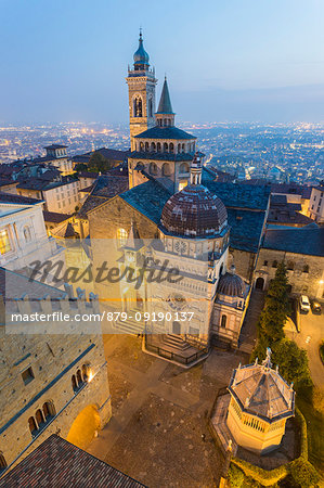 Cathedral of Bergamo with Basilica of Santa Maria Maggiore from above at dusk, Bergamo (Upper town), Lombardy, Italy.