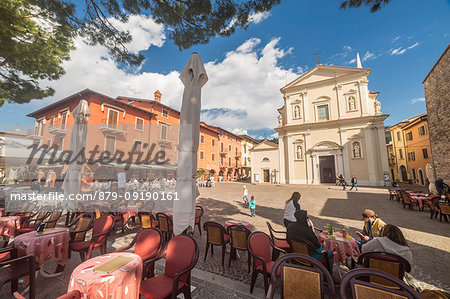 Little square in front of SS. Pietro e Paolo church at Torri del Benaco on the eastern shore of Lake Garda, Verona province, Veneto, Italy.