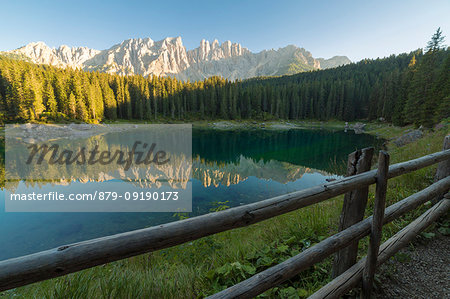 The Carezza Lake/Karersee and the spiers of Latemar, Dolomites, South Tyrol, Bolzano province, Trentino Alto Adige, italy