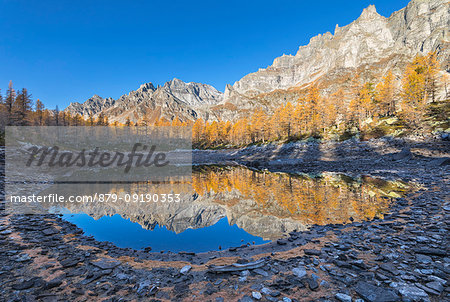 The Nero Lake in autumn immediately after the sunrise (Buscagna Valley, Alpe Devero, Alpe Veglia and Alpe Devero Natural Park, Baceno, Verbano Cusio Ossola province, Piedmont, Italy, Europe)
