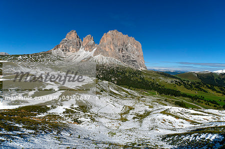 Sasso Lungo from Passo sella (Sella Pass) with snow during summer time, Dolomiti,gardena valley Trentino Alto Adige, Italy,Europe