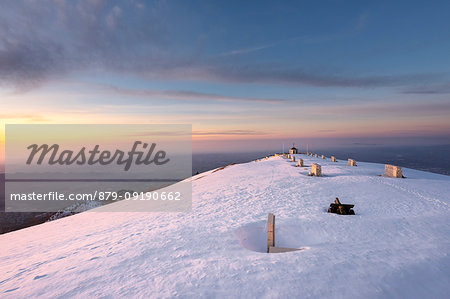 Monte Grappa, province of Vicenza, Veneto, Italy, Europe. Sunrise at the summit of Monte Grappa, where there is a military monument.
