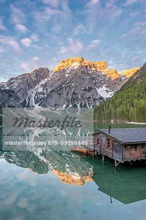 Braies / Prags, Dolomites, South Tyrol, Italy. The Lake Braies / Pragser Wildsee at sunrise