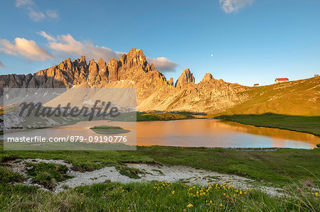 Sesto / Sexten, province of Bolzano, Dolomites, South Tyrol, Italy. Sunrise at the lake Piani and the Mount Paterno