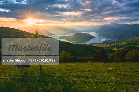 Montisola and iseo lake at sunset, Lombardy district, Brescia province, Italy.