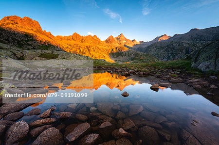 Sunrise on the tops of the Presanella, Adamello Brenta natural park, Trentino Alto Adige, Italy.