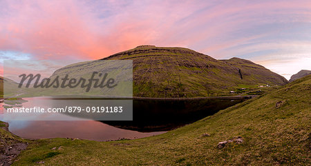 Panoramic of Lake Saksunarvatn at sunset, Saksun, Streymoy Island, Faroe Islands