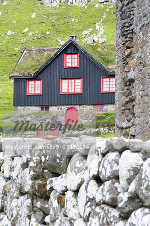 Farmhouse with grass roof, Kirkjubour, Streymoy island, Faroe Islands, Denmark