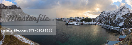 Panoramic of the fishing village of Nusfjord, Lofoten Islands, Norway