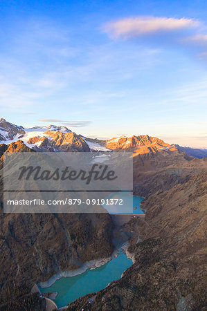 Aerial view of dam of Campomoro and Alpe Gera, Valmalenco, Valtellina, Lombardy, province of Sondrio, Italy