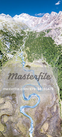 Aerial panoramic of creek at foot of Monte Disgrazia and Corni Bruciati, Preda Rossa, Valmasino, Valtellina, Lombardy, Italy Aerial panoramic of creek at foot of Monte Disgrazia and Corni Bruciati, Preda Rossa, Valmasino, Valtellina, Lombardy, Italy