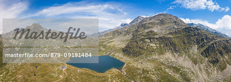 Aerial panoramic of Lake Emet, Rifugio Bertacchi and peak Emet, Spluga Valley, Sondrio province, Valtellina, Lombardy, Italy Aerial panoramic of Lake Emet, Rifugio Bertacchi and peak Emet, Spluga Valley, Sondrio province, Valtellina, Lombardy, Italy