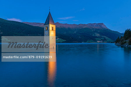 Resia lake at dusk Europe, Italy, Trentino Alto Adige, South Tyrol, Curon Venosta