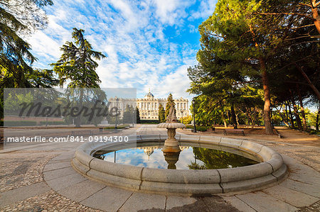 Fountain at Jardines De Sabatini and Royal Palace of Madrid (Palacio Real de Madrid), Madrid, Spain, Europe