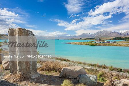 Ruined column by the side of glacial Lake Tekapo, Mackenzie district, South Island, New Zealand, Pacific