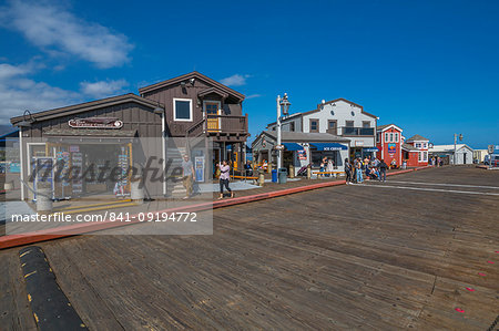 View of shops on Stearns Wharf, Santa Barbara, Santa Barbara County, California, United States of America, North America