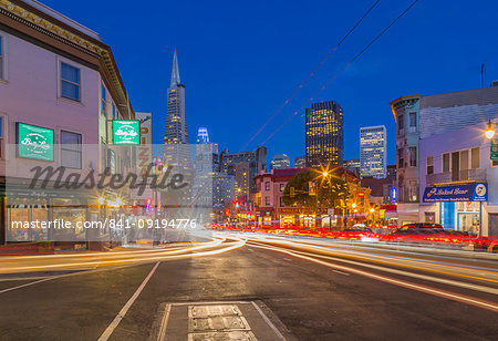 View of Transamerica Pyramid building on Columbus Avenue, North Beach, San Francisco, California, United States of America, North America