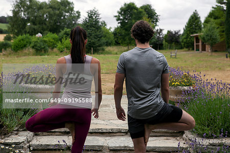 Man and woman practicing yoga in garden, rear view of tree pose