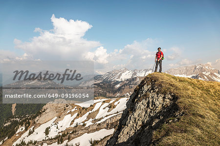 Hiker trekking French Alps, Parc naturel régional du Massif des Bauges, Chatelard-en-Bauges, Rhone-Alpes, France