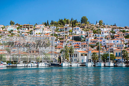 Sailing boats in Poros Island port, Saronic Island, Aegean Coast, Greek Islands, Greece, Europe