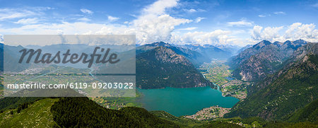 Panoramic aerial view of Alpe Bassetta and Lake Como towards Chiavenna Valley, Valtellina, Sondrio province, Lombardy, Italy, Europe